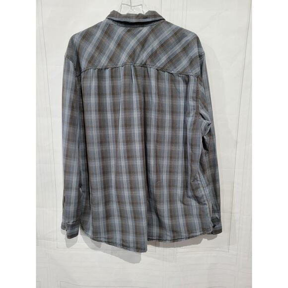 Prana Mens SZ XX Large Button Up Shirt FLAWED Plaid Brown Blue Long Sleeve - Picture 4 of 12
